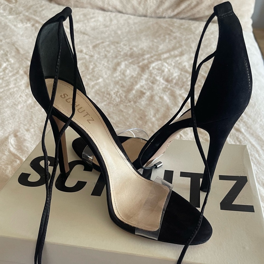 Schutz black and clear lace up sandal heels